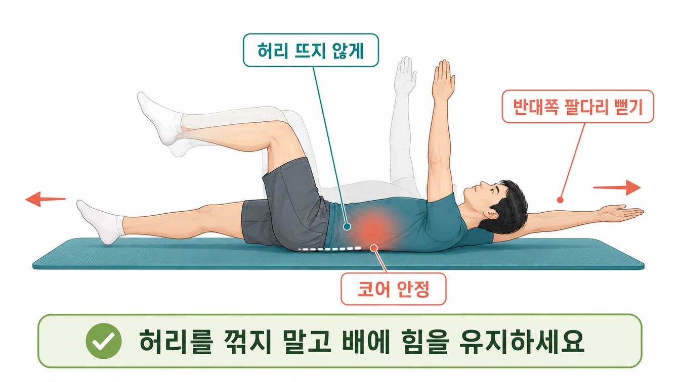 데드버그 운동 — 누워서 반대쪽 팔과 다리를 천천히 뻗는 동작 안내