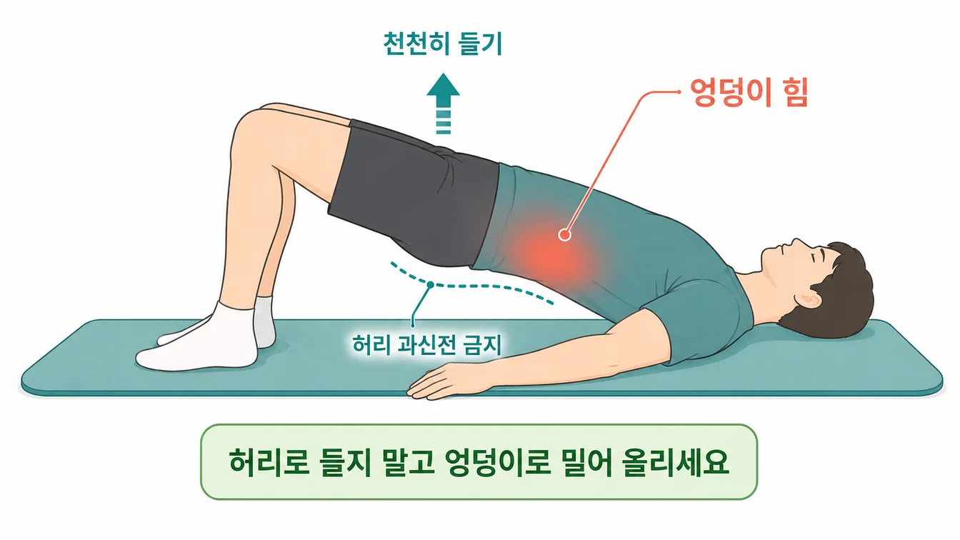 엉덩이 들기(브릿지) 운동 — 무릎을 세우고 골반을 천천히 들어 올리는 동작 안내