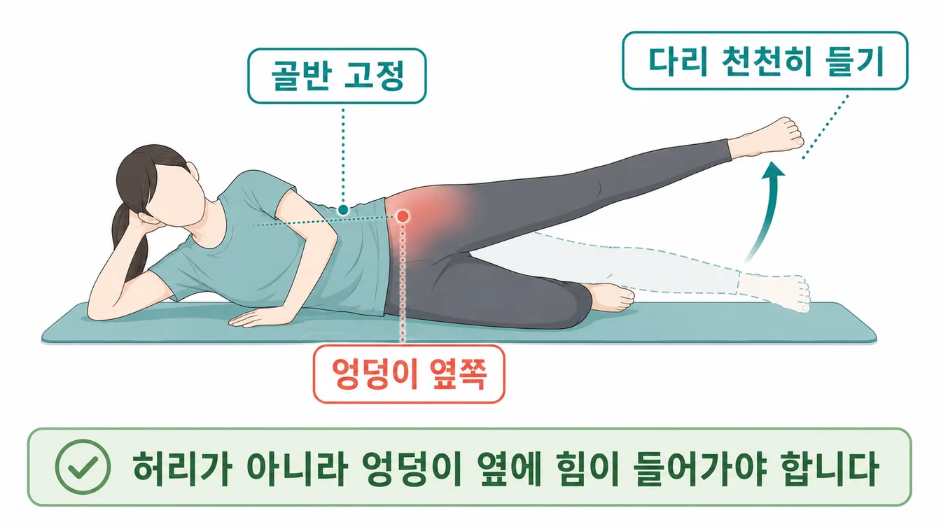 옆으로 누워 다리 들기 운동 — 위쪽 다리를 곧게 편 채 천천히 들어 올리는 동작 안내