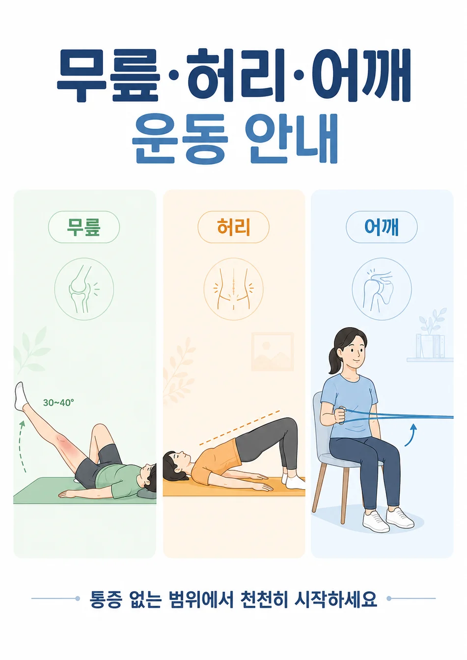 무릎·허리·어깨 회복기 운동 안내 — 통증 없는 범위에서 천천히 시작하세요