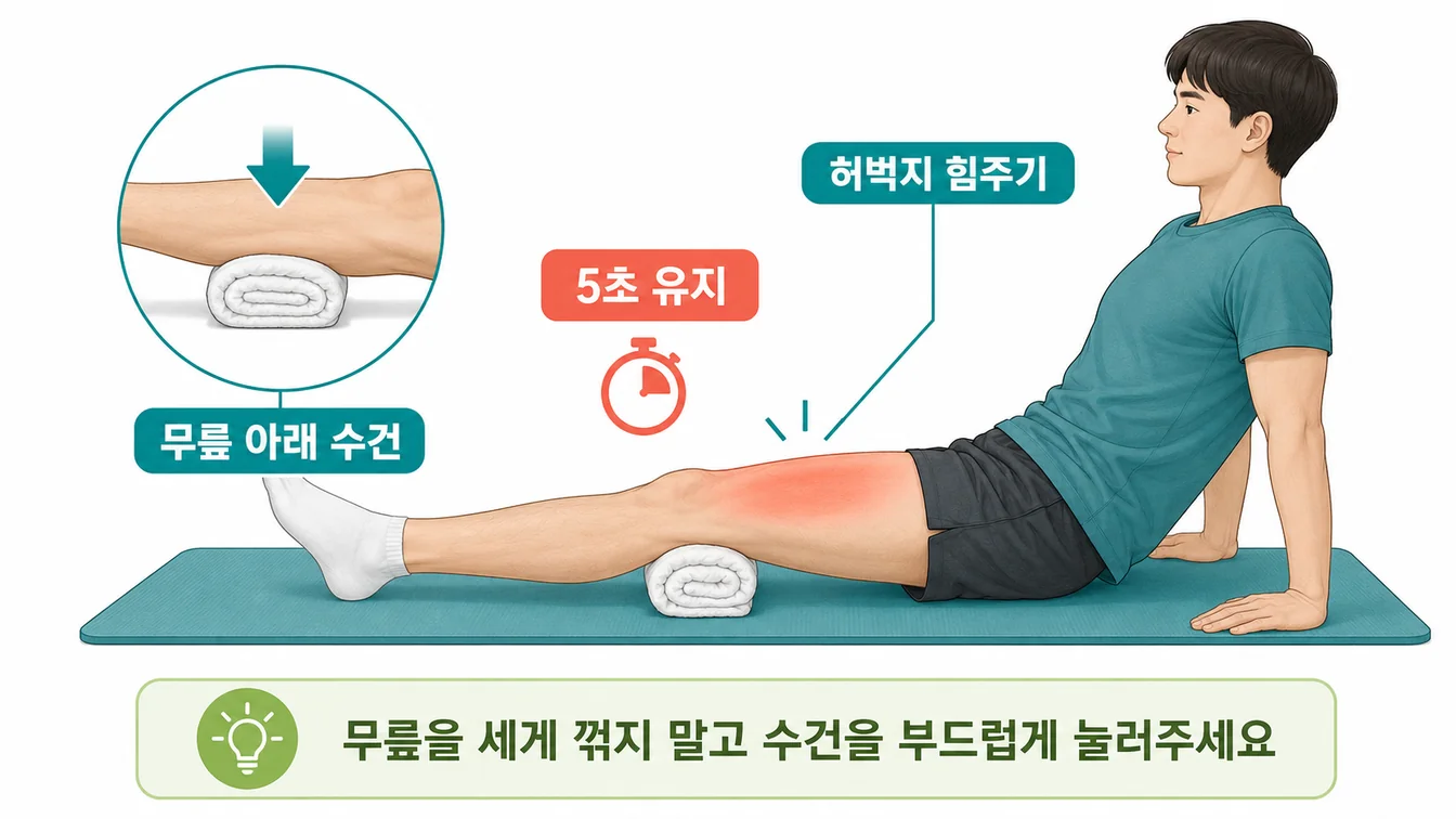 허벅지에 힘주기(quad set) 운동 — 무릎 아래 수건을 누르며 허벅지 앞에 힘을 주는 동작 안내