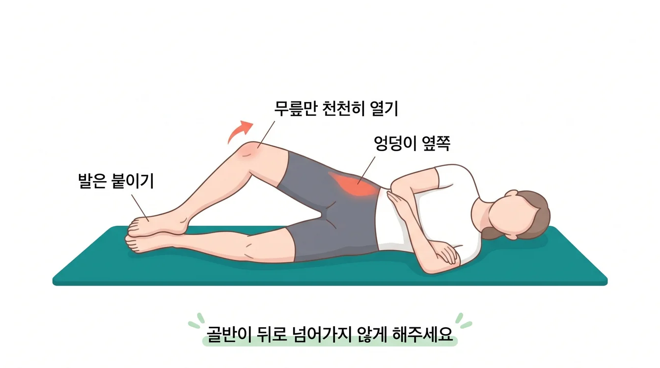 조개 운동(clamshell) — 옆으로 누워 위쪽 무릎만 벌렸다 모으는 동작 안내