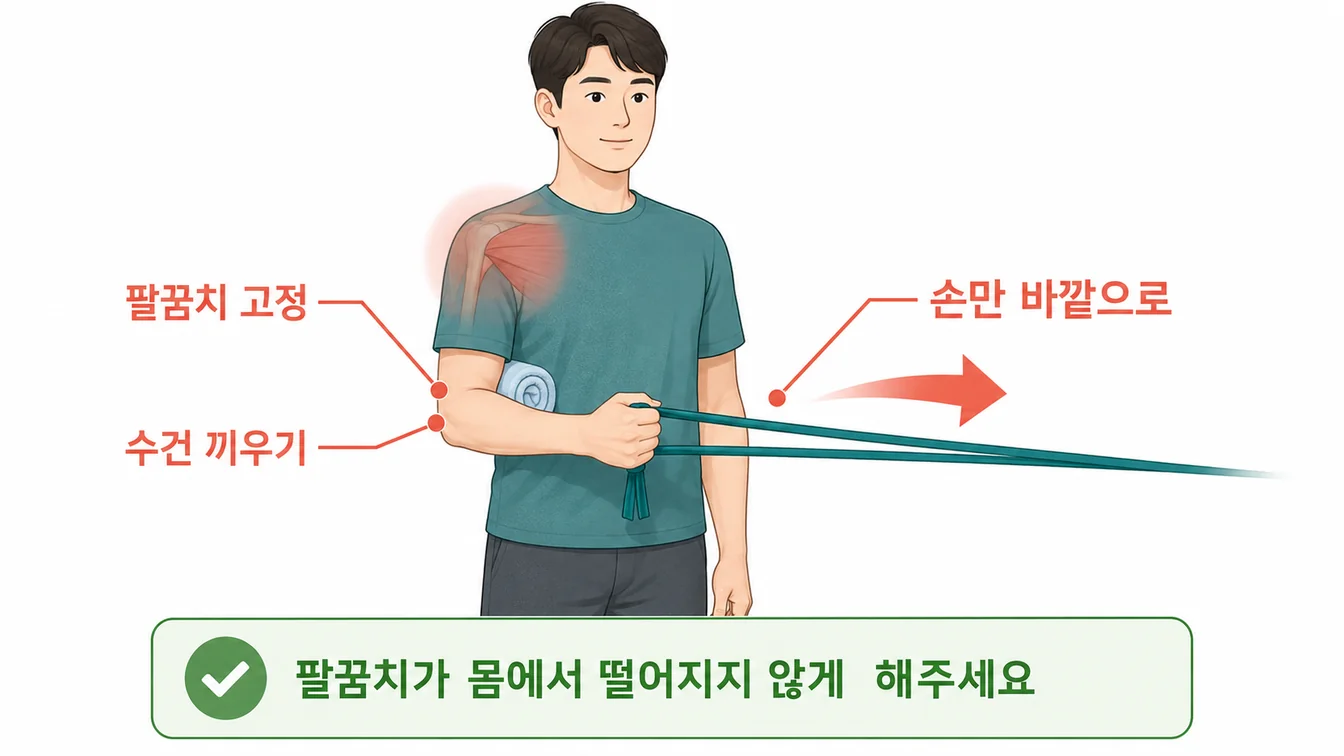 밴드 외회전 운동 — 팔꿈치를 붙인 채 손을 바깥쪽으로 천천히 돌리는 동작 안내