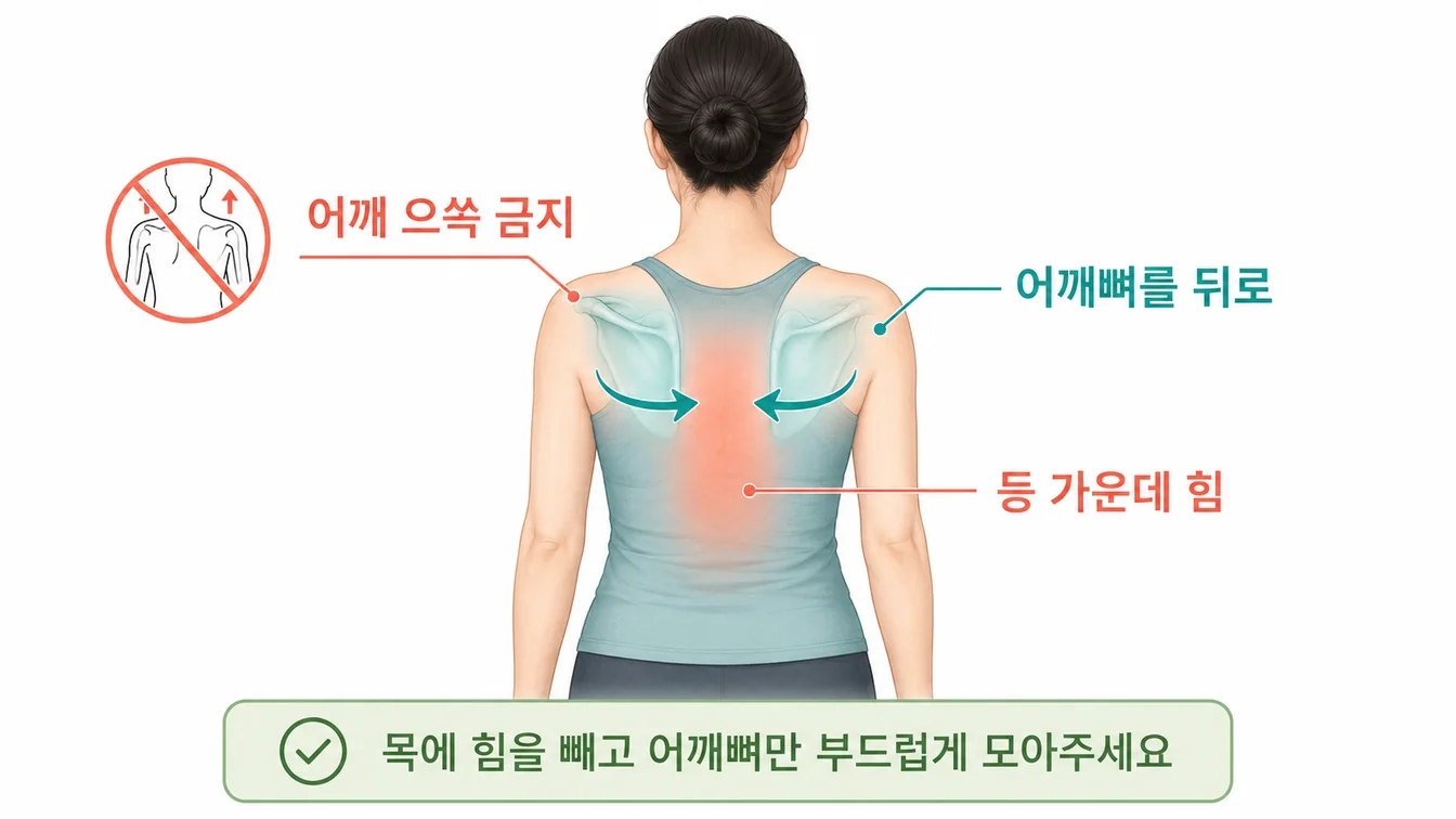 어깨뼈 모으기 운동 — 양쪽 어깨뼈를 등 가운데로 모으는 동작 안내