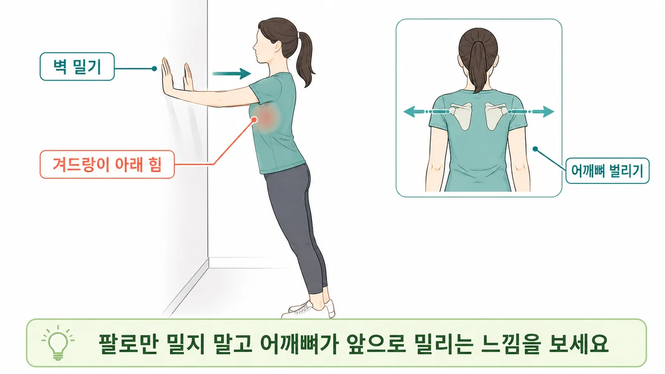 벽 푸시업 플러스 운동 — 벽을 짚고 다 편 뒤 어깨뼈를 앞으로 내미는 동작 안내