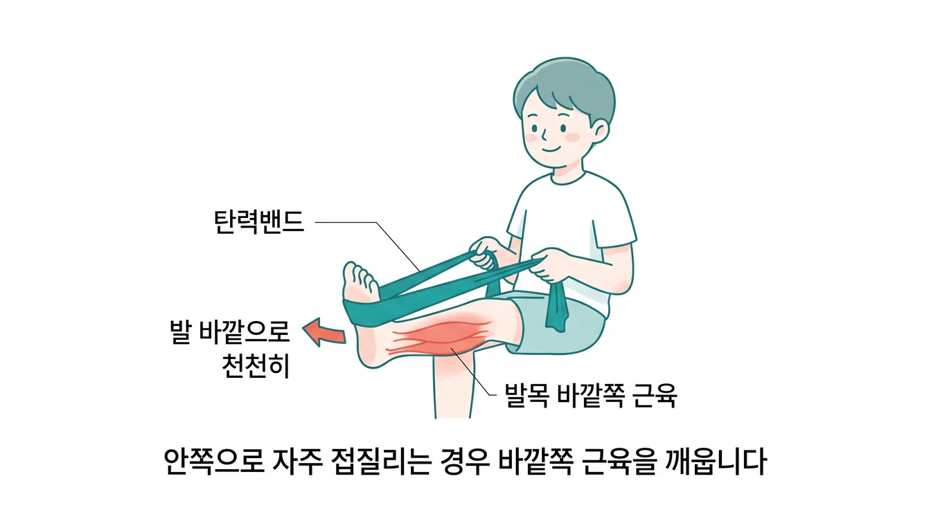 밴드로 발 바깥으로 밀기 운동 — 탄력밴드를 걸고 발을 바깥쪽으로 미는 동작 안내