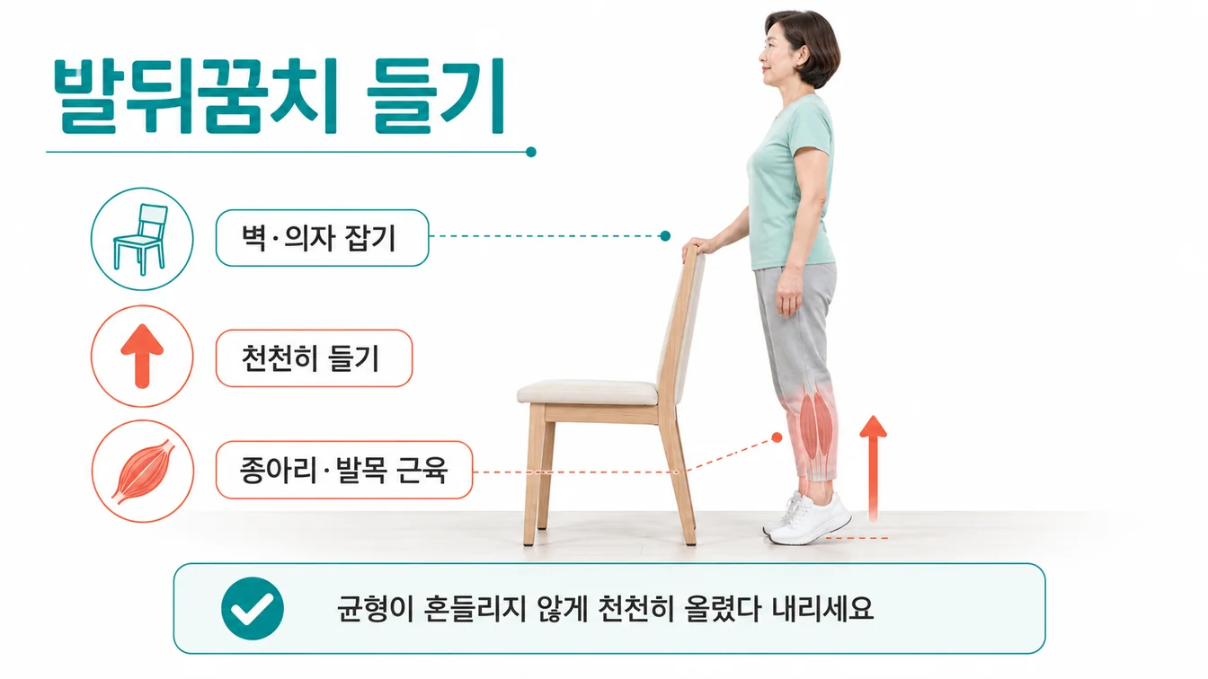 발뒤꿈치 들기 운동 — 서서 발뒤꿈치를 천천히 들었다 내리는 동작 안내