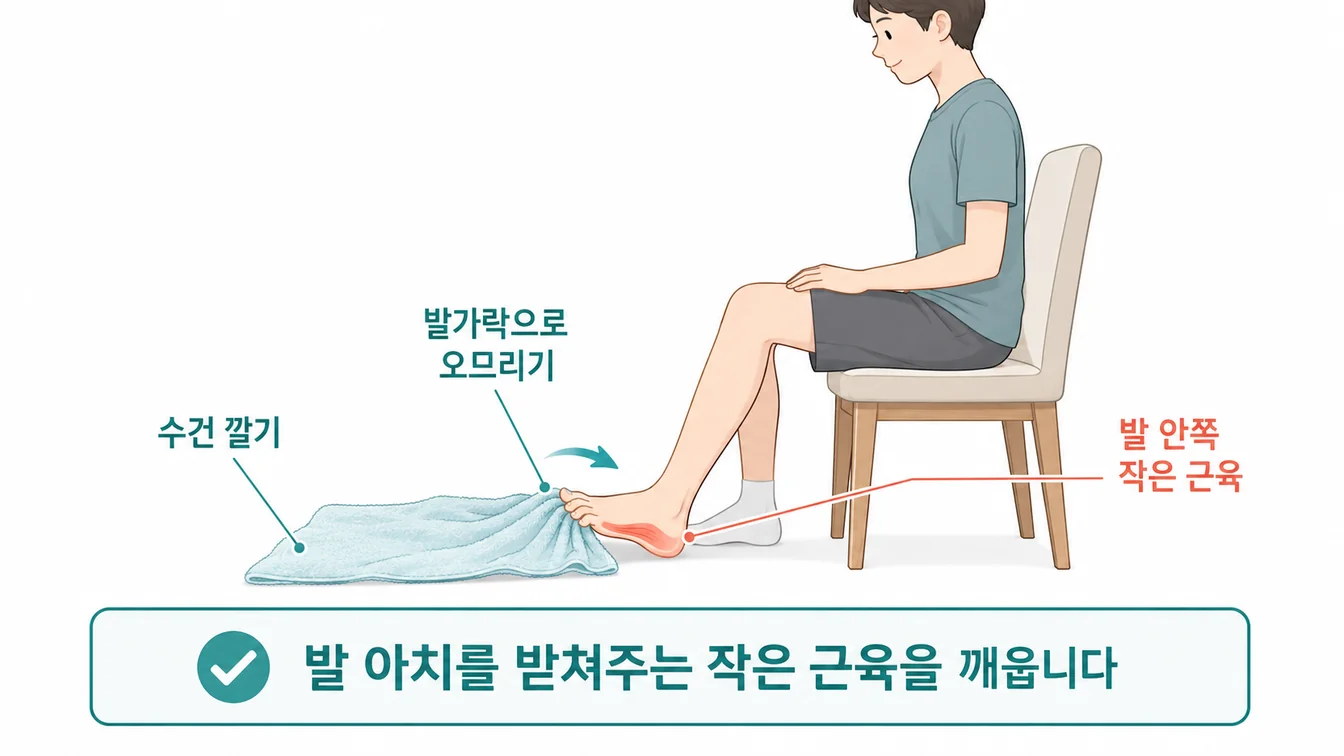 발가락으로 수건 끌기 운동 — 발가락으로 수건을 오므려 끌어당기는 동작 안내