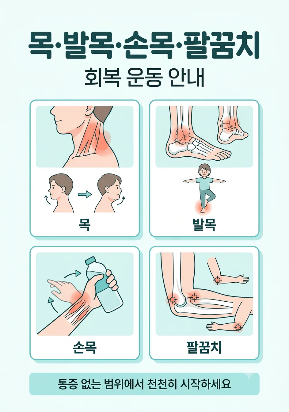 목·발목·손목·팔꿈치 회복기 운동 안내 — 통증 없는 범위에서 천천히 시작하세요