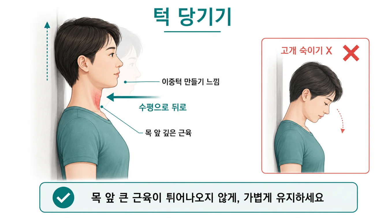 턱 당기기(chin tuck) 운동 — 턱을 수평으로 뒤로 당겨 뒤통수가 길어지는 동작 안내