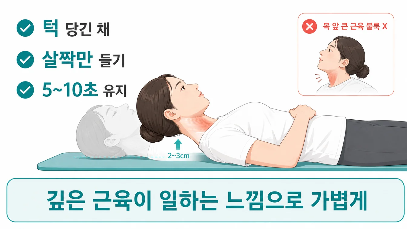 누워서 머리 살짝 들기 운동 — 턱을 당긴 채 뒤통수를 살짝 드는 동작 안내