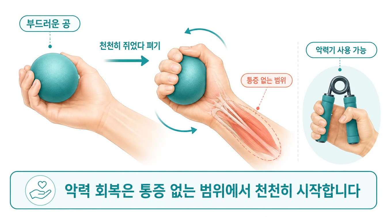 부드러운 그립 운동 — 부드러운 공을 쥐었다 펴는 동작 안내