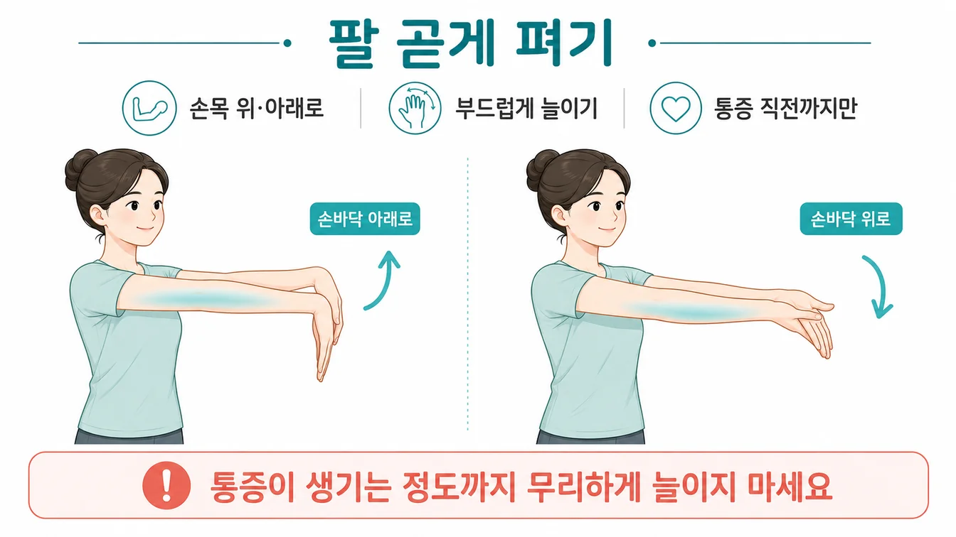 아래팔 스트레칭 — 팔을 펴고 반대 손으로 손목을 젖혀 아래팔을 늘이는 동작 안내