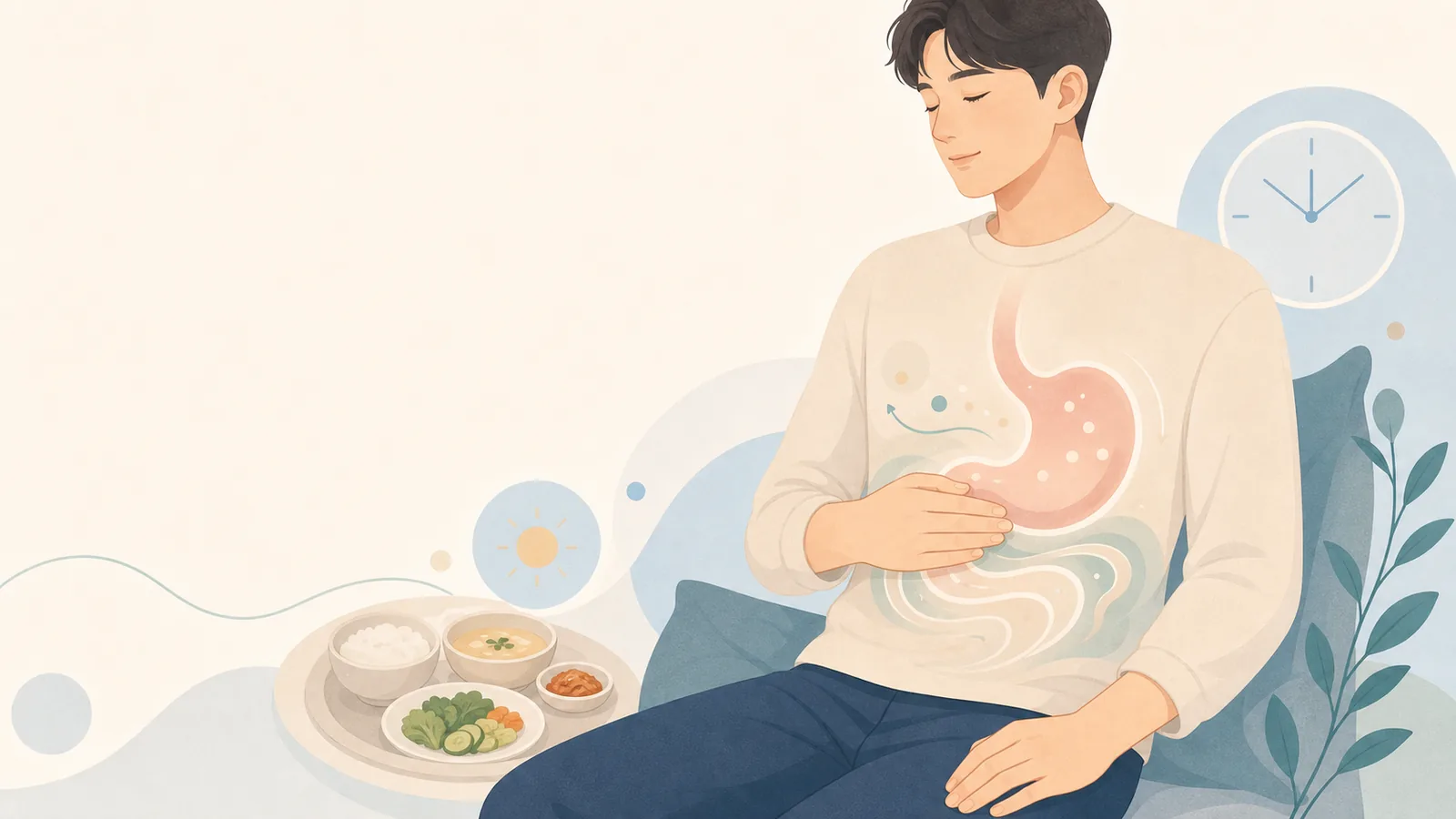 편안히 앉아 배에 손을 얹은 사람과 위장을 표현한 일반 안내 일러스트