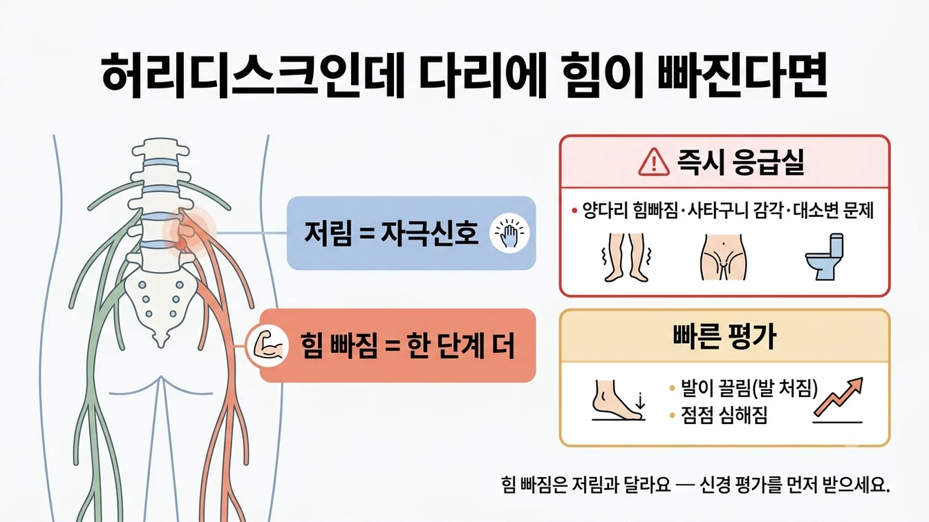 허리디스크가 신경뿌리를 누르면서 다리 근력이 약해지는 과정과 위험 신호 안내 이미지