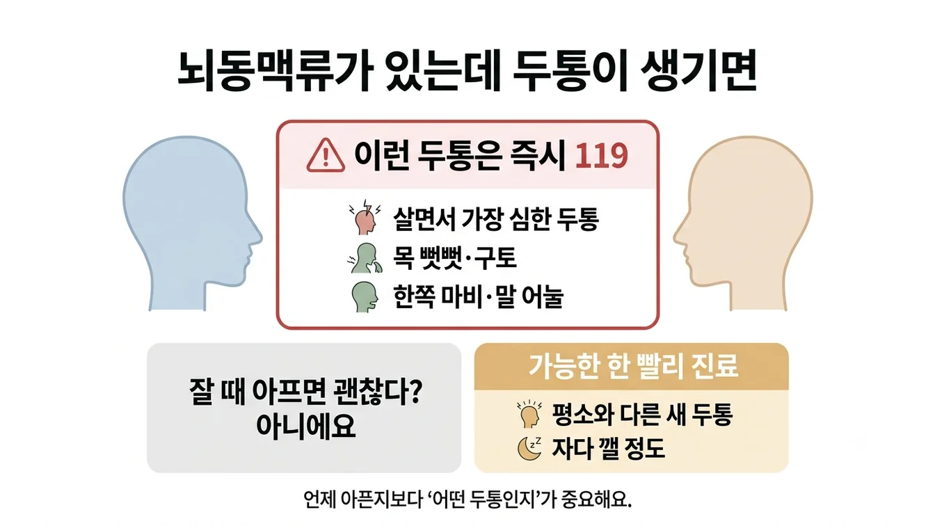 뇌동맥류 병력자에서 두통의 위험 신호와 안심할 수 없는 이유를 보여주는 안내 이미지