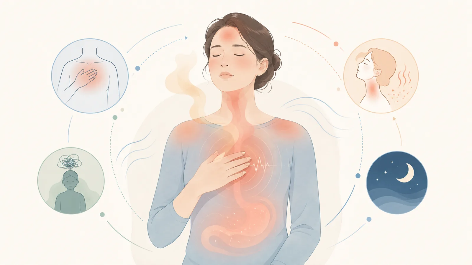 가슴 답답함·열감·억울한 마음·수면을 함께 살피는 모습을 표현한 일반 안내 일러스트