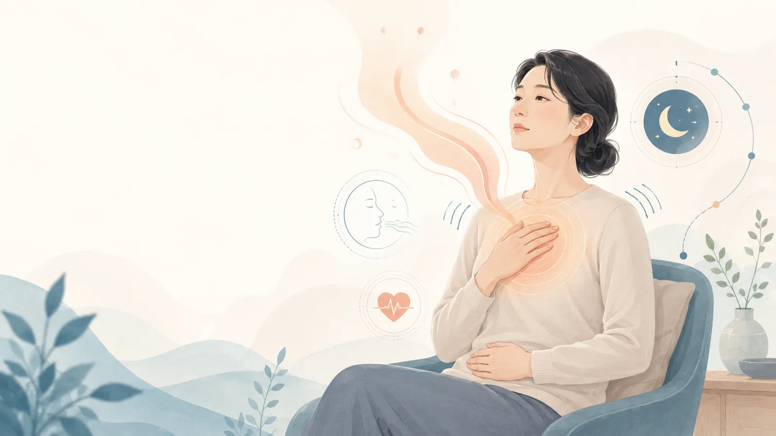 편안히 앉아 가슴에 손을 얹은 사람을 표현한 일반 안내 일러스트