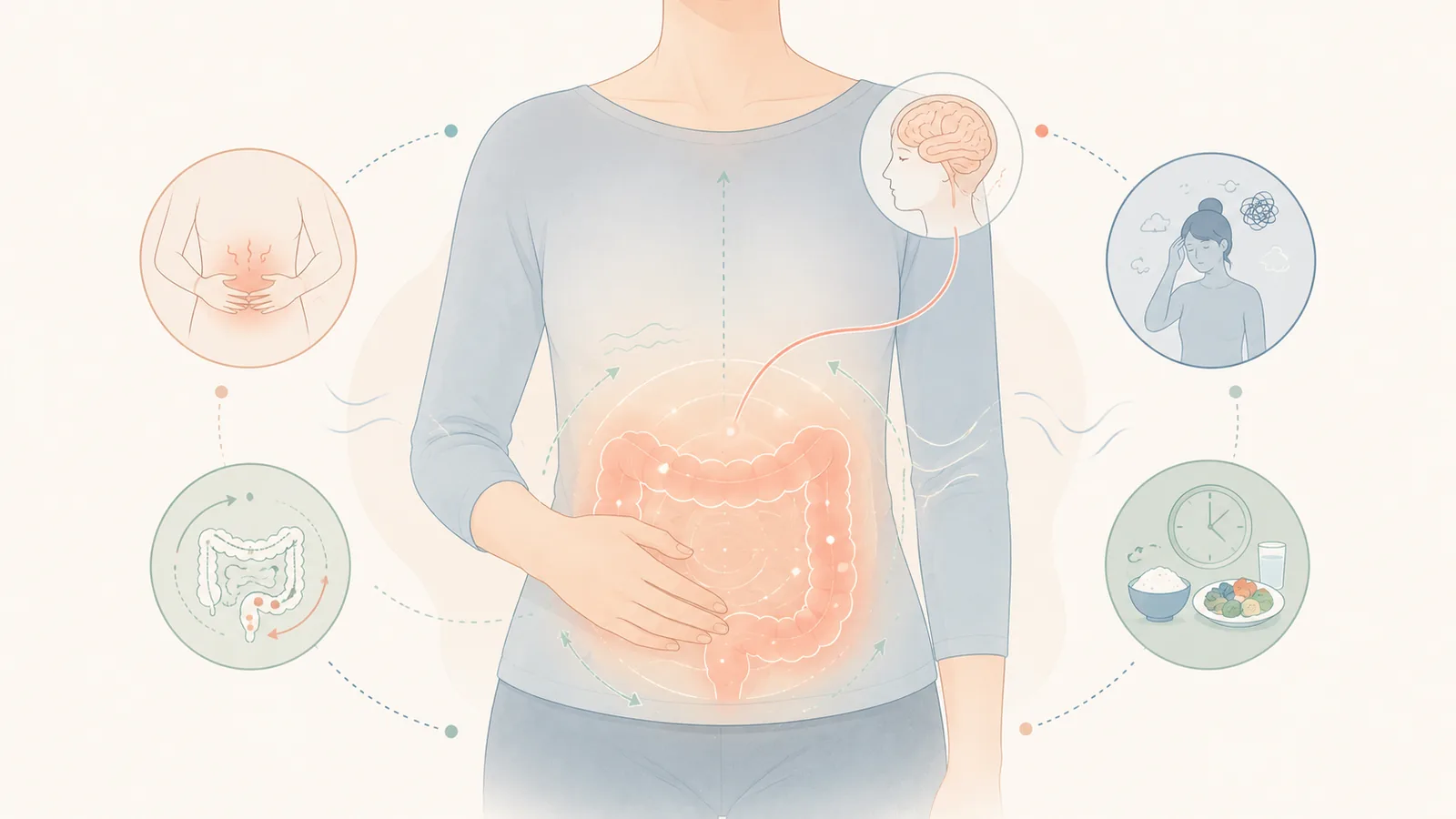 복통·배변 변화·스트레스·식사를 함께 살피는 모습을 표현한 일반 안내 일러스트
