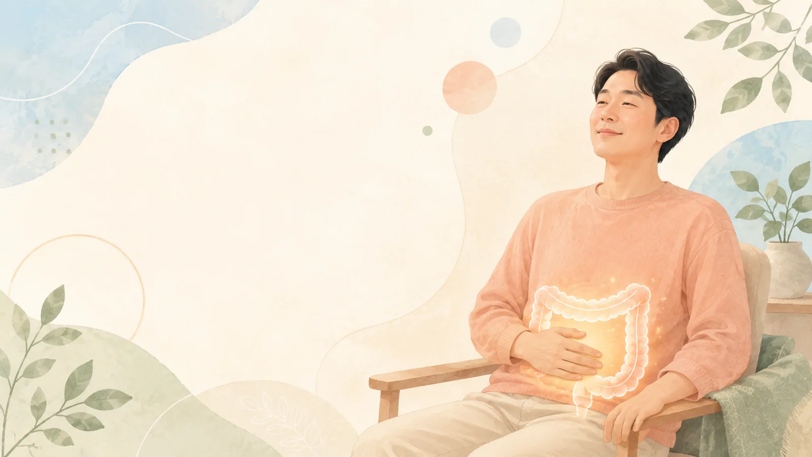 편안히 앉아 아랫배에 손을 얹은 사람을 표현한 일반 안내 일러스트