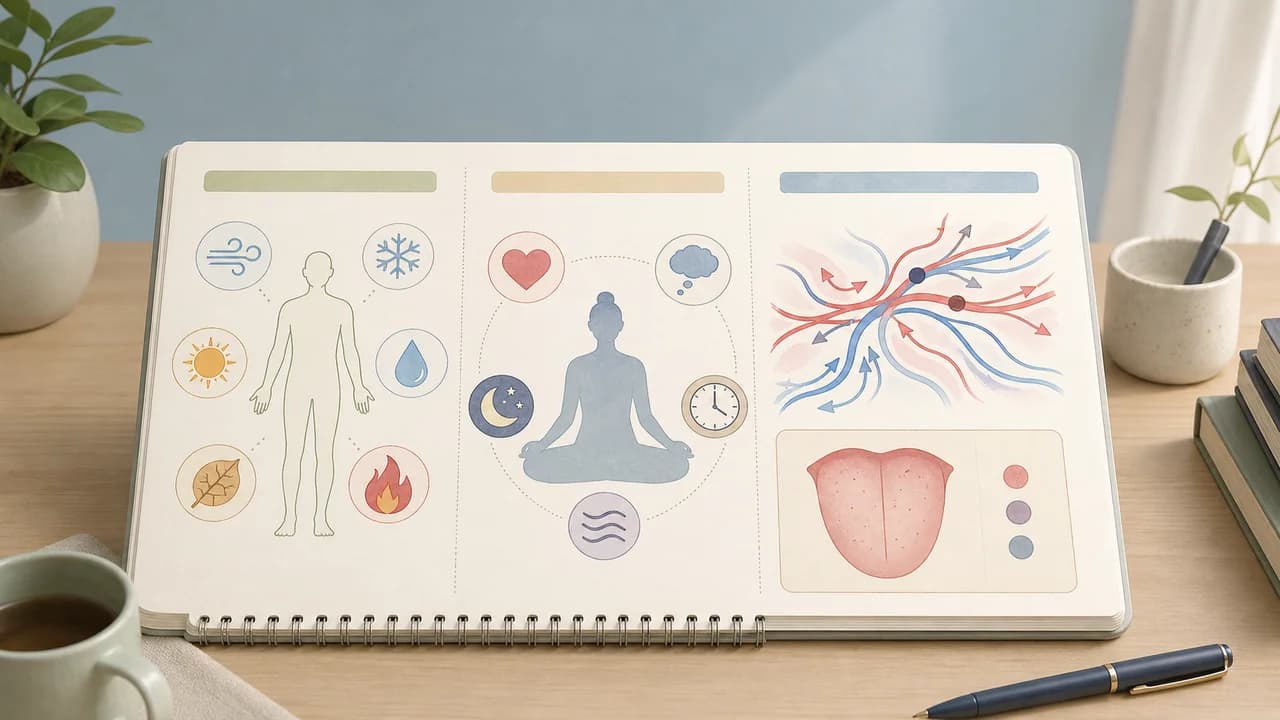 한의학에서 몸의 안팎 원인과 순환 흐름을 살펴보는 관점을 표현한 안내 일러스트