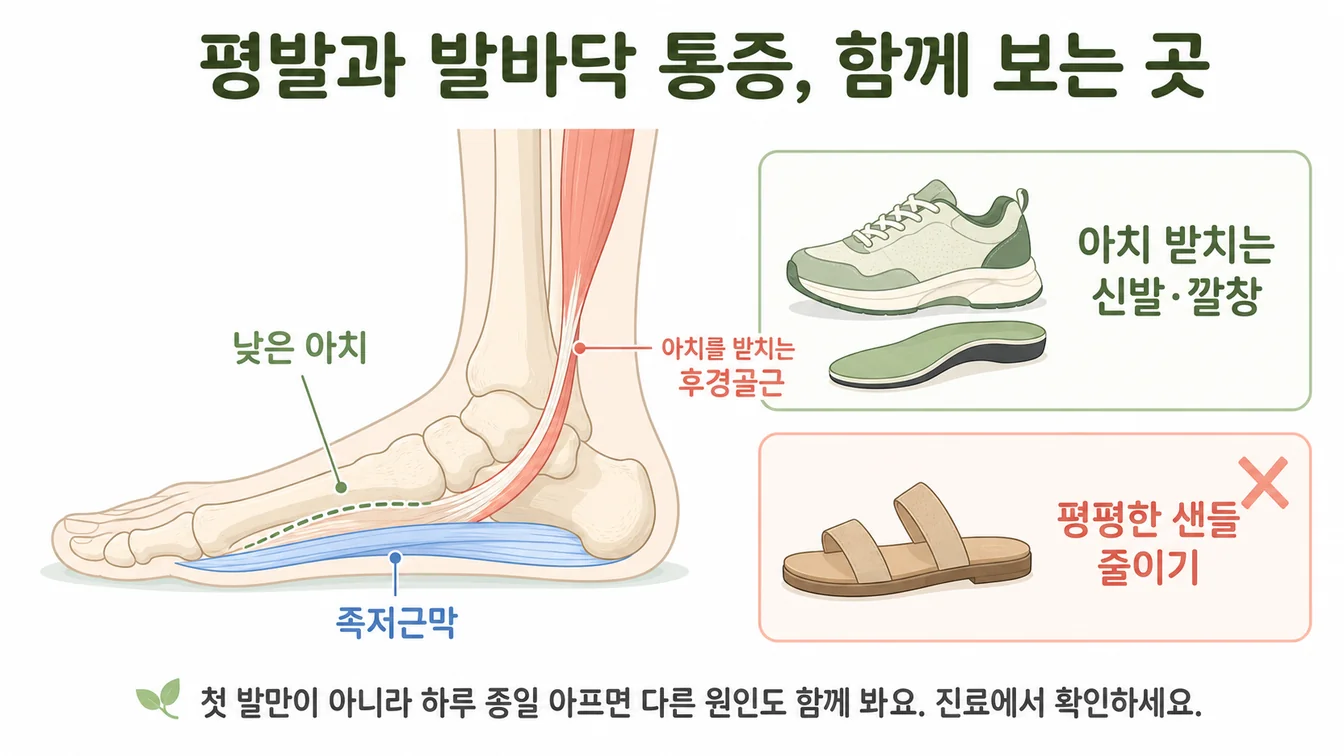 평발에서 아치가 낮아질 때 후경골근과 족저근막에 부담이 가는 모습