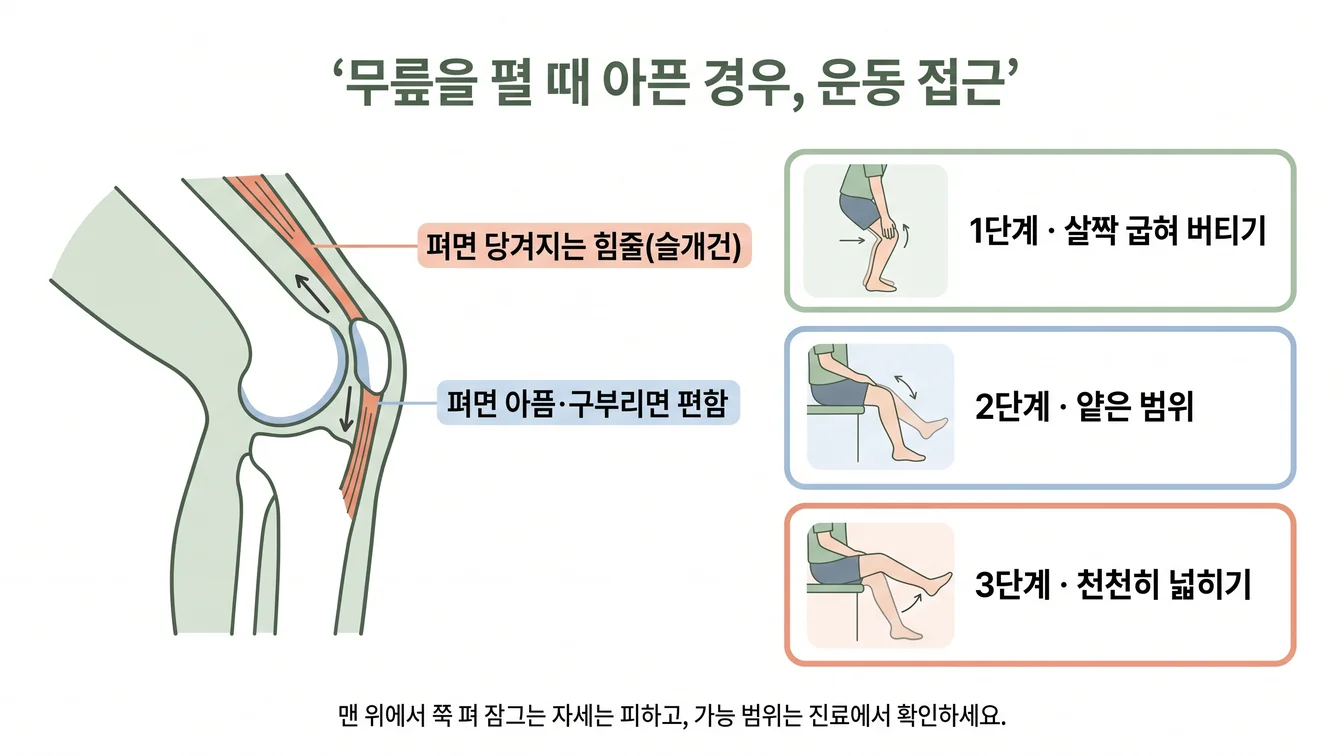 무릎을 펼 때 슬개건과 신전 기전이 당겨지며 부하를 받는 모습