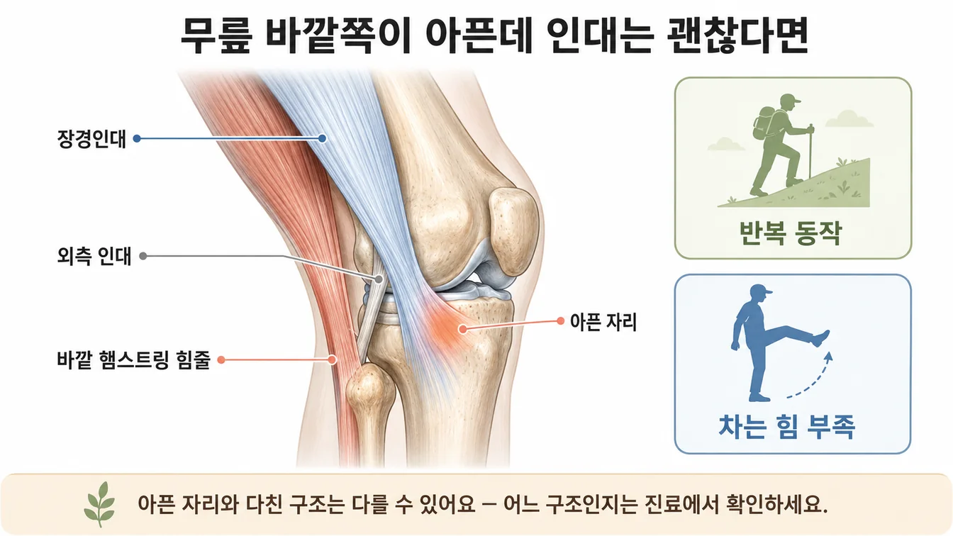 무릎 바깥쪽에 인대 외에 모여 있는 장경인대·바깥 햄스트링 힘줄