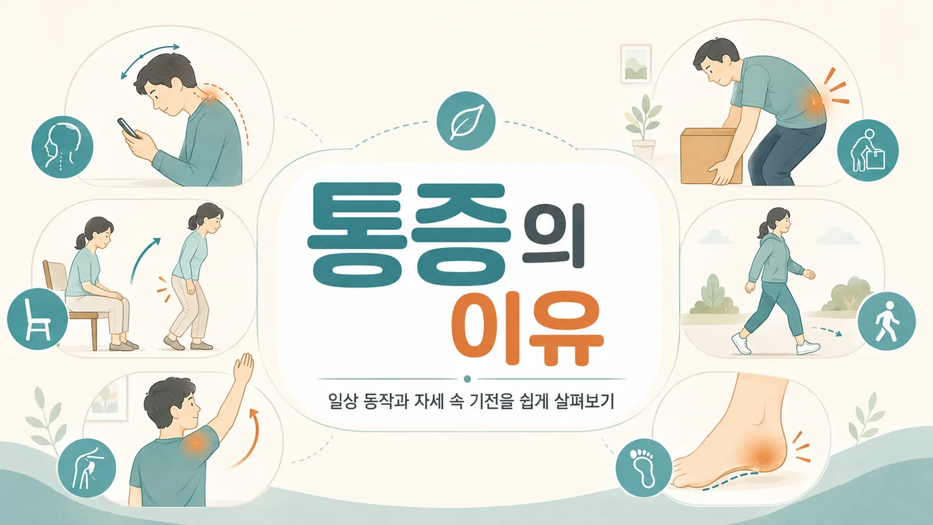 일상 동작과 자세 속 통증의 이유를 살펴보는 시리즈 안내 일러스트