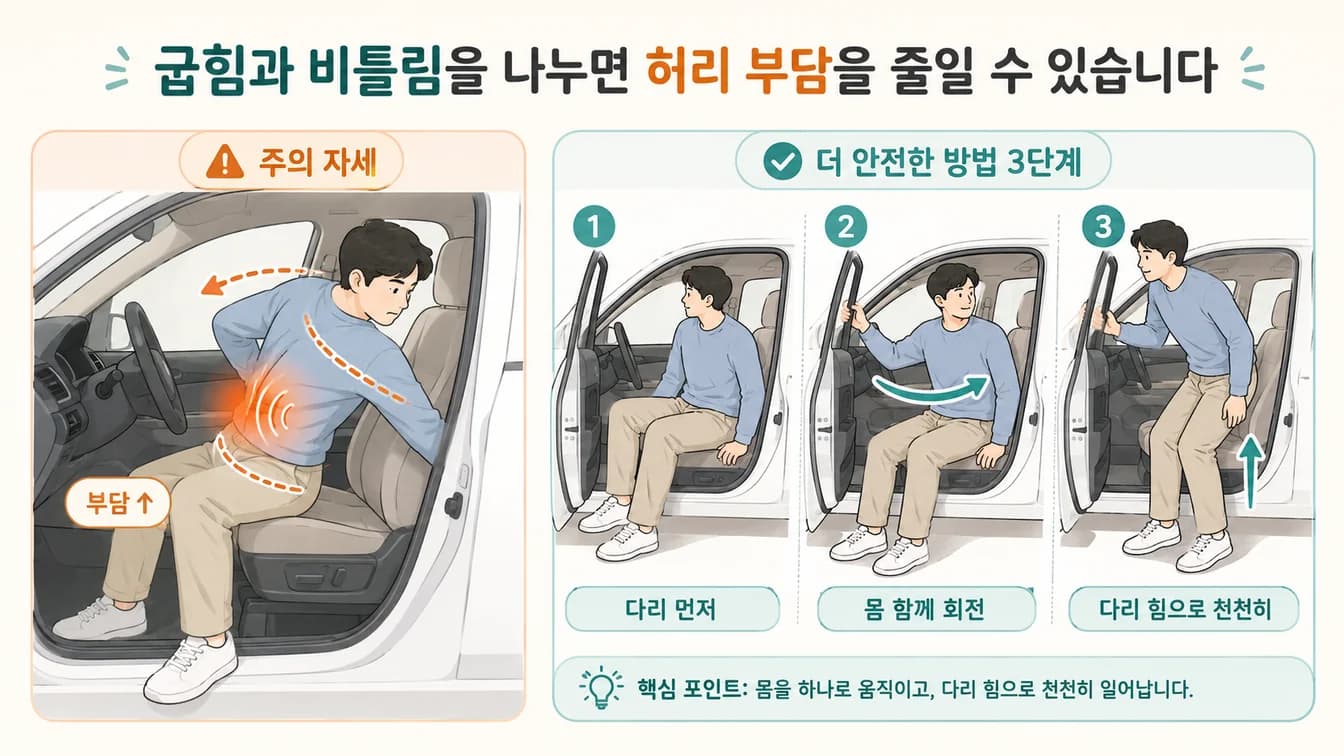 차에서 내릴 때 허리 부담을 줄이는 안전한 동작과 위험한 동작 비교 일반 안내