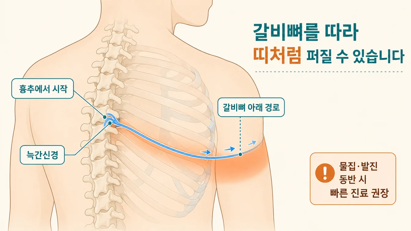 흉추에서 나와 갈비뼈를 따라 앞쪽으로 이어지는 늑간신경 경로 안내