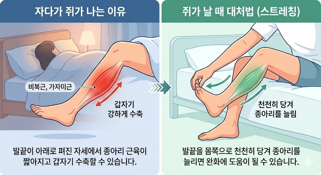 발끝이 펴진 수면 자세에서 종아리 근육이 짧아져 경련이 유발되기 쉬운 상태 안내
