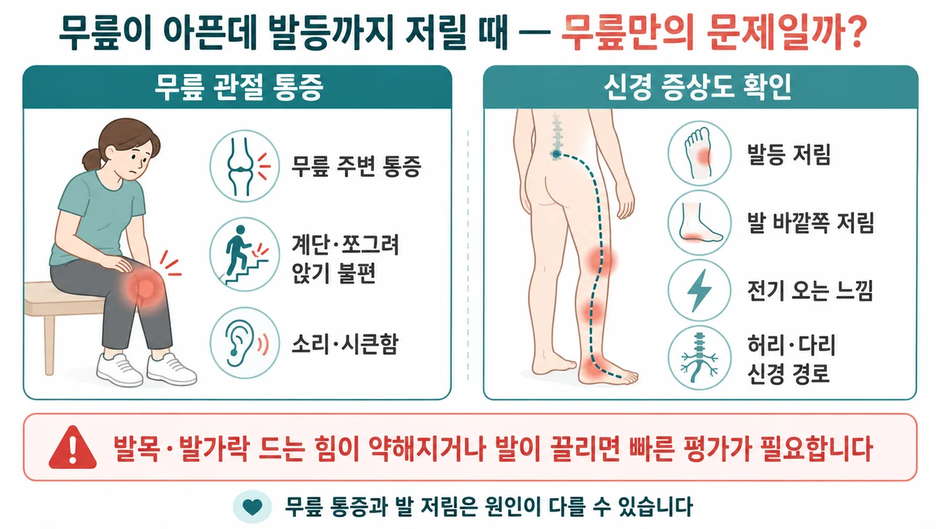 무릎 관절 통증과 신경 증상의 구별 — 발등·발 바깥쪽 저림 + 발목 드는 힘 약화 안내
