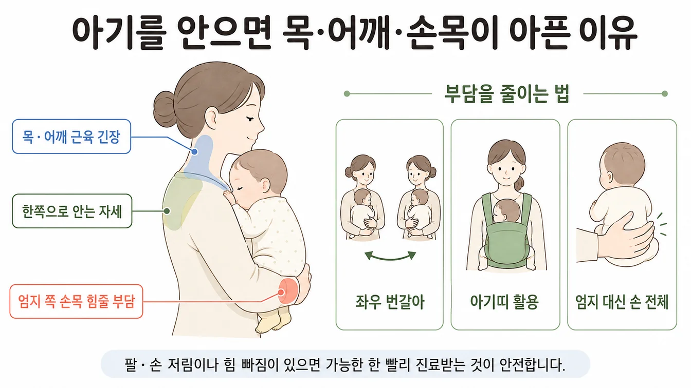 한쪽으로 아기를 안을 때 목·어깨·손목에 부하가 걸리는 부위