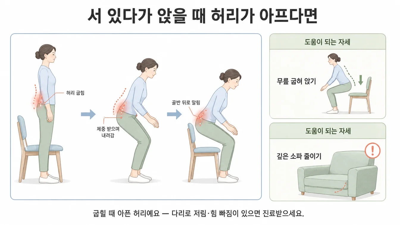 서서 앉으려는 동작에서 허리가 굽혀지며 체중 부하를 받는 과정 안내 이미지