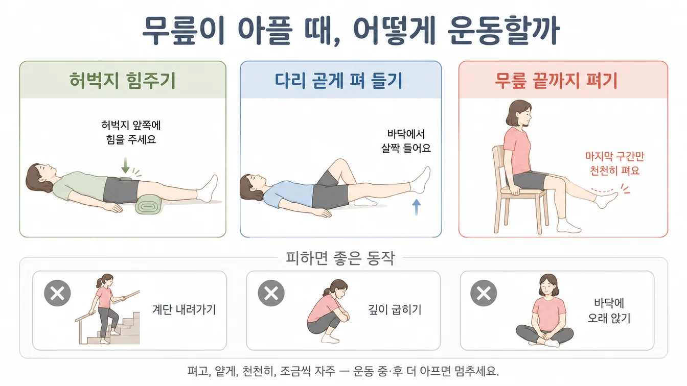 무릎을 깊이 굽히지 않고 펴서 하는 저부하 허벅지 강화 운동