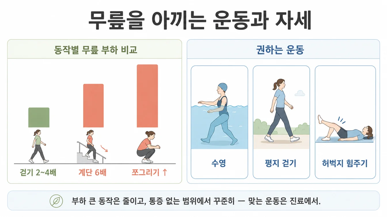 동작별로 무릎에 실리는 체중 배수와 무릎을 아끼는 저부하 운동 안내 이미지