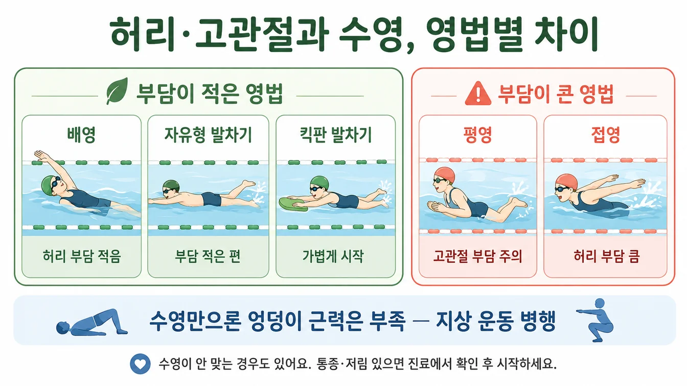 영법별로 허리에 가는 부담 차이를 비교한 모습
