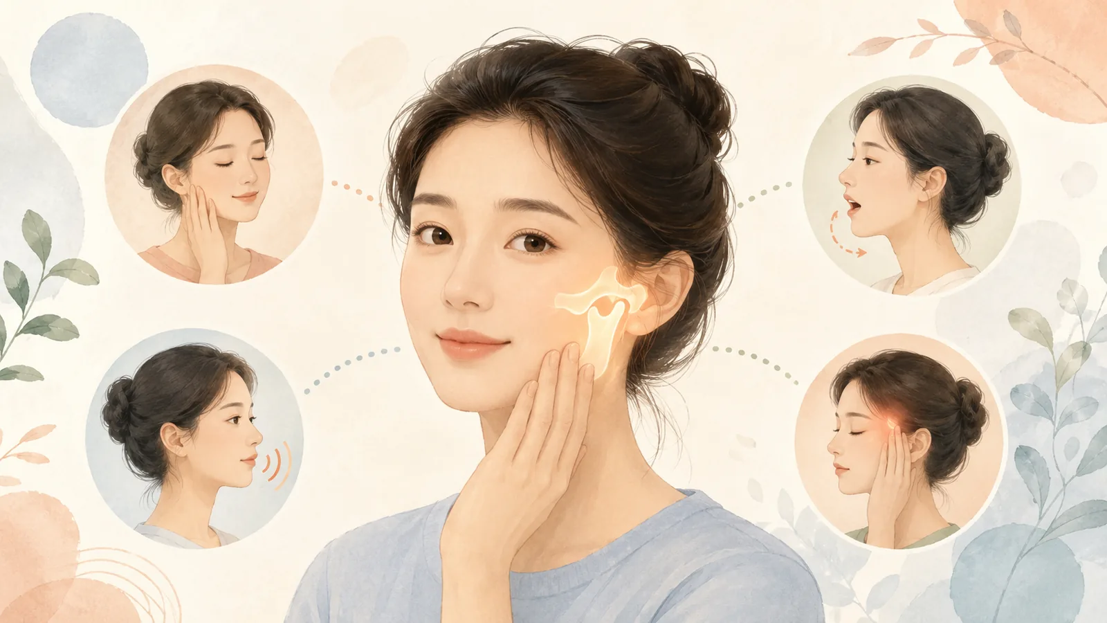 턱 통증·턱 소리·입 벌림 불편·관자놀이 통증을 함께 살피는 모습을 표현한 일반 안내 일러스트