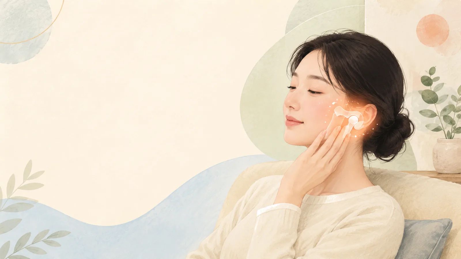 편안히 앉아 턱 옆에 손을 댄 사람을 표현한 일반 안내 일러스트