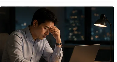 야간 업무 중 이마를 짚고 잠시 멈춘 모습