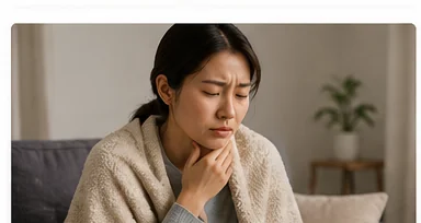 담요를 두르고 목 부위를 감싸 안은 모습