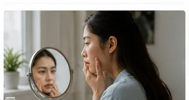 거울을 보며 얼굴 상태를 살피는 모습