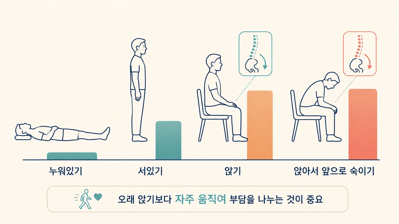앉은 자세에서 허리 디스크에 가해지는 압력 변화 일반 안내