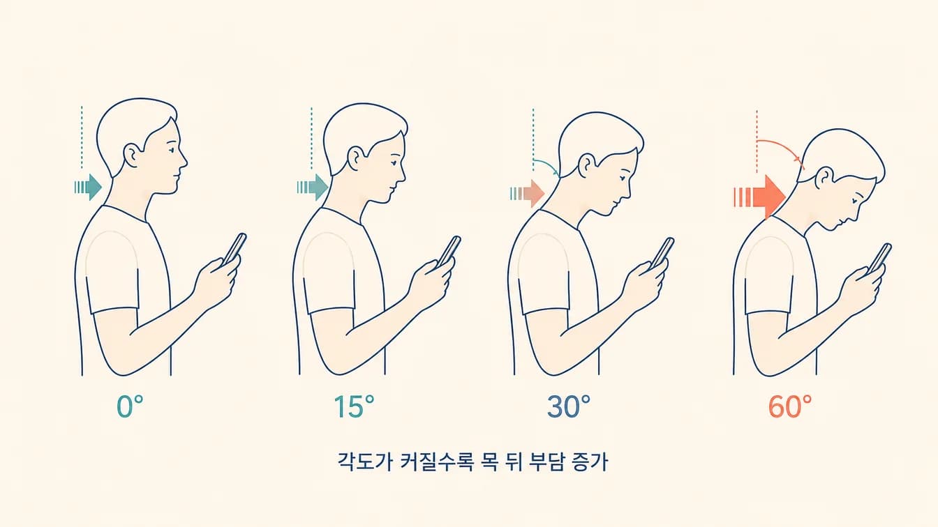 고개 굴곡 각도(0°·15°·30°·60°)에 따른 목 뒤 부담 증가 안내
