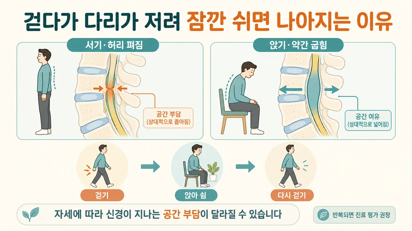 서거나 걸을 때 좁아지고 앉거나 허리를 굽히면 넓어지는 척추관 공간 변화를 자세별로 비교한 일반 안내 일러스트