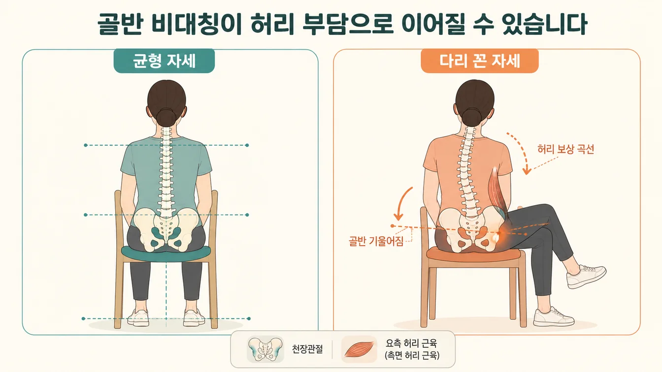 균형 자세와 다리 꼰 자세의 골반·허리 변화 비교 안내