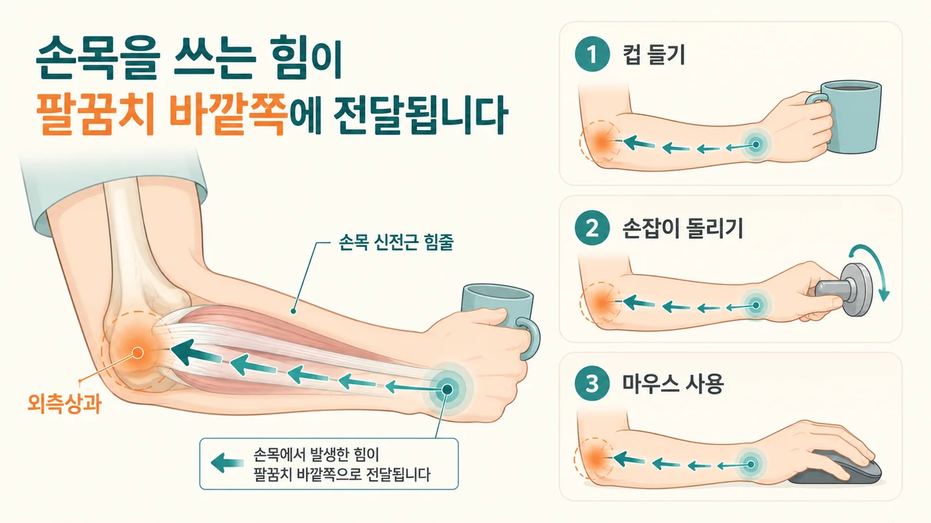 팔꿈치 바깥쪽 힘줄 부착부에 부담이 가해지는 위치 일반 안내