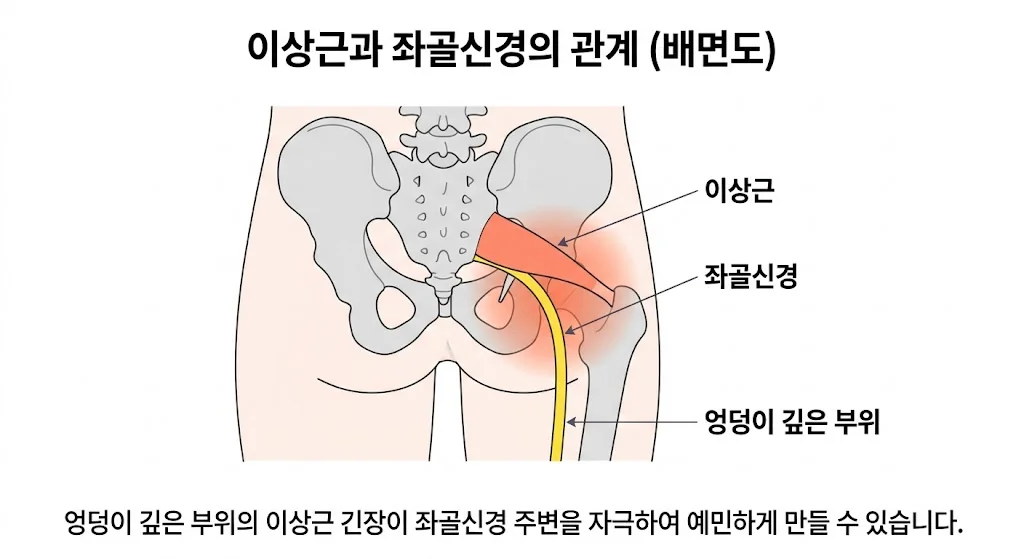 엉덩이 깊은 곳 이상근과 그 주변을 지나는 좌골신경의 위치 일반 안내