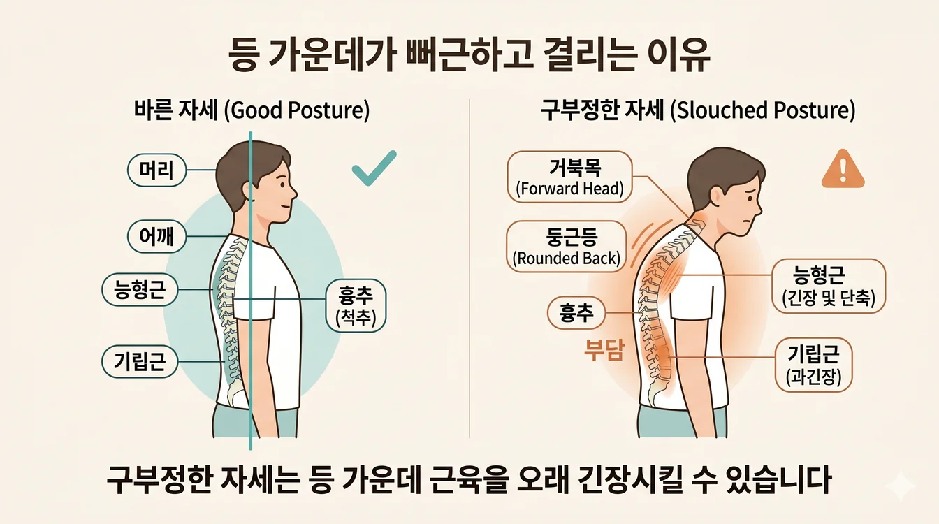구부정한 자세에서 흉추가 둥글게 굽고 등 근육이 늘어난 채 긴장하는 모습 안내